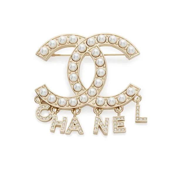 Cài Áo Chanel Strass Imitation Pearl And Light Gold Metal CC Brooch Màu Trắng Vàng
