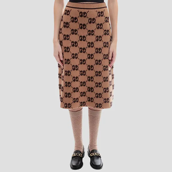 Chân Váy Nữ Gucci Jacquard Wood Knit Skirt In Camel 713301 XKCNA 2668 Màu Nâu Size L