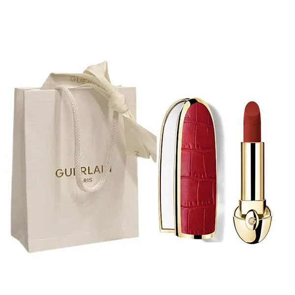 Combo Vỏ Son Le Croco + Son Guerlain Rouge G Velvet 555 Le Brique Ambré Màu Đỏ Gạch + Túi Giấy