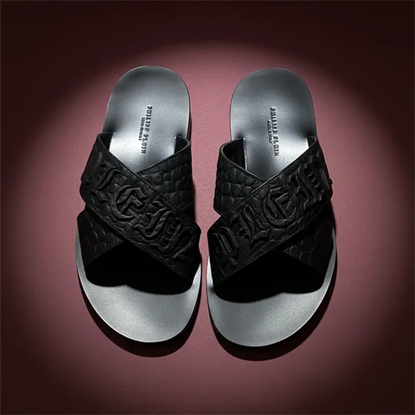 Dép Nam Philipp Plein Slippers Black With Black Lettering PACS MSA0206 PLE010N 02 Màu Đen Size 39