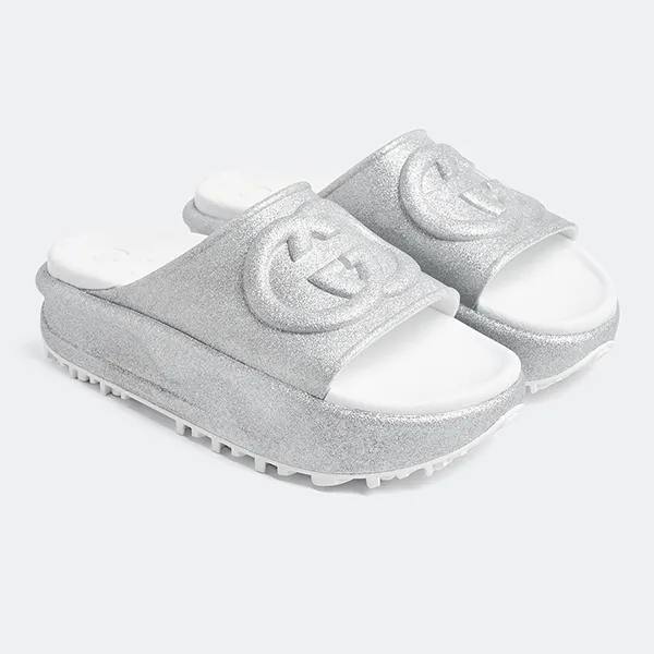 Dép Nữ Gucci Interlocking G Slide Sandals 725541JAAC88106 Màu Bạc Size 36