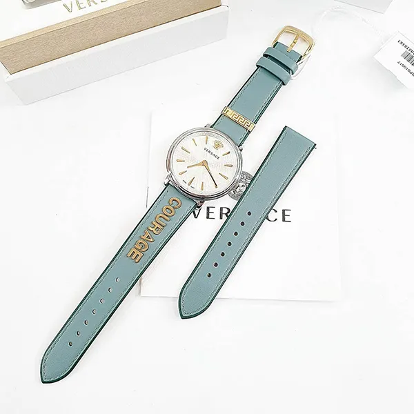 Đồng Hồ Nữ Versace V-Circle Dây Da 38mm Màu Xanh Bạc