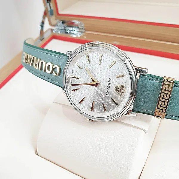 Đồng Hồ Nữ Versace V-Circle Dây Da 38mm Màu Xanh Bạc