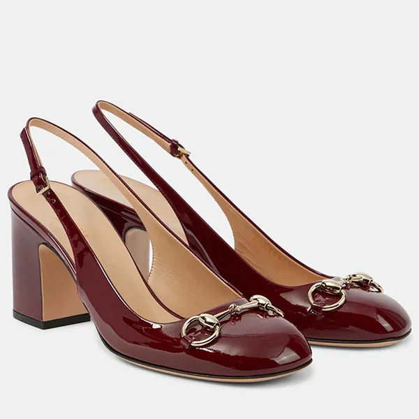 Giày Cao Gót Gucci Horsebit Patent Leather Slingback Pumps Màu Đỏ Đô Size 36