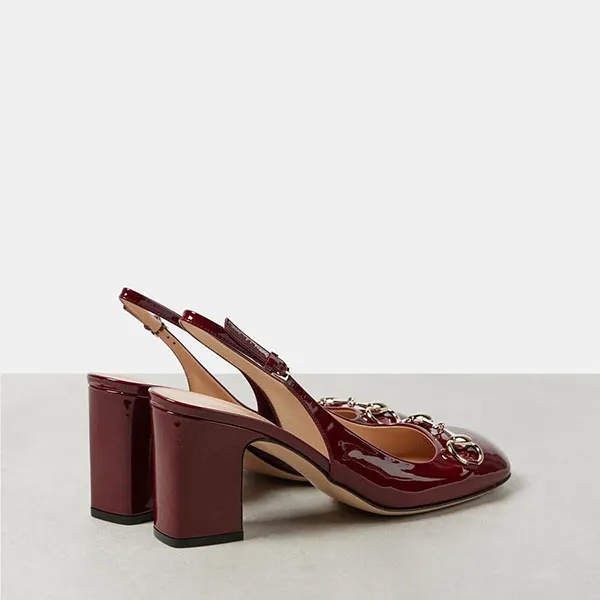 Giày Cao Gót Gucci Horsebit Patent Leather Slingback Pumps Màu Đỏ Đô Size 36