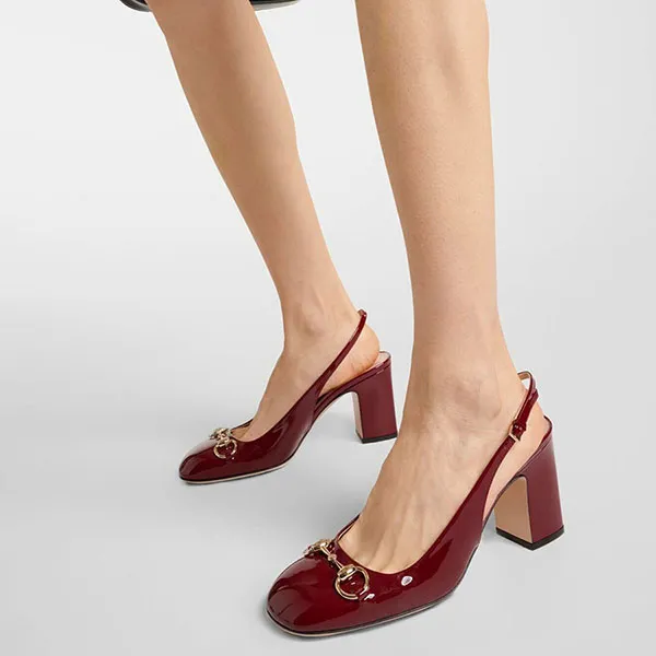 Giày Cao Gót Gucci Horsebit Patent Leather Slingback Pumps Màu Đỏ Đô Size 36