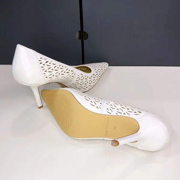 Giày Cao Gót Nữ Ann Taylor Leather Perforated Pump Winter White Màu Trắng Size 36-37