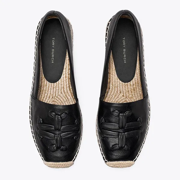 Giày Slip-On Nữ Tory Burch Woven Double T Aline Espadrille Nappa Leather Black Màu Đen Size 36.5