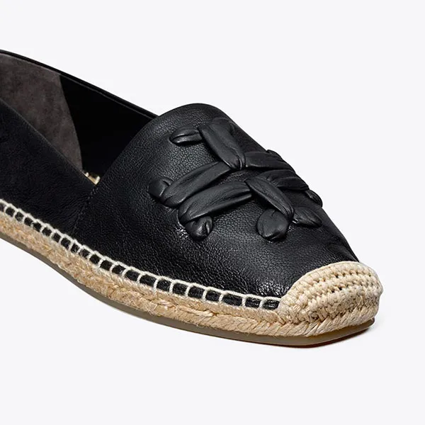 Giày Slip-On Nữ Tory Burch Woven Double T Aline Espadrille Nappa Leather Black Màu Đen Size 36.5
