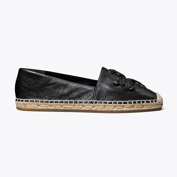 Giày Slip-On Nữ Tory Burch Woven Double T Aline Espadrille Nappa Leather Black Màu Đen Size 36.5