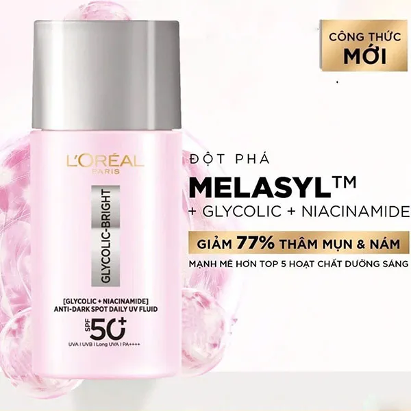 Kem Chống Nắng L'Oreal Paris Glycolic Bright Anti Dark Spot Daily UV Fluid SPF 50+ PA++++, 50ml