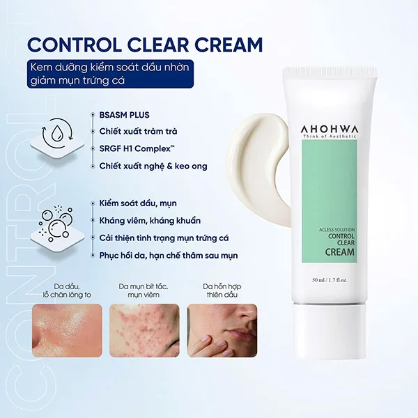 Kem Dưỡng Hỗ Trợ Giảm Mụn Trứng Cá Ahohwa Control Clear Cream 50ml