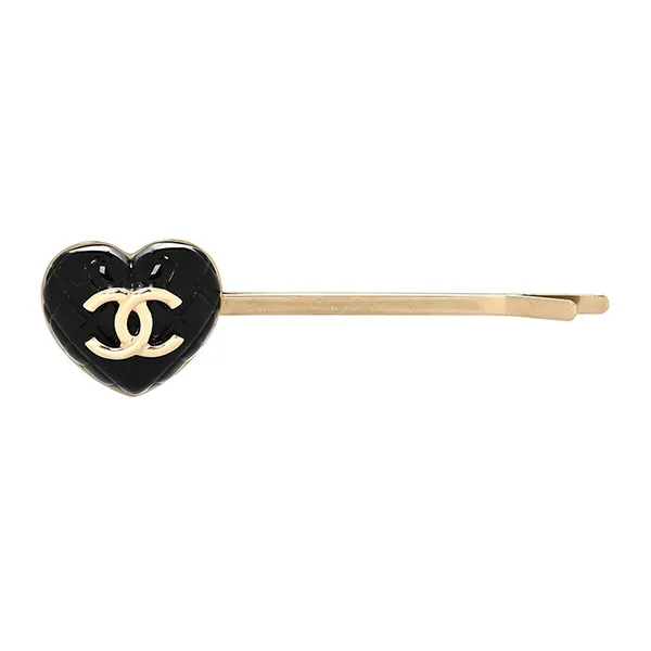 Kẹp Tóc Nữ Chanel Resin Quilted Heart CC Hair Clip Pin Gold Black Màu Vàng Gold