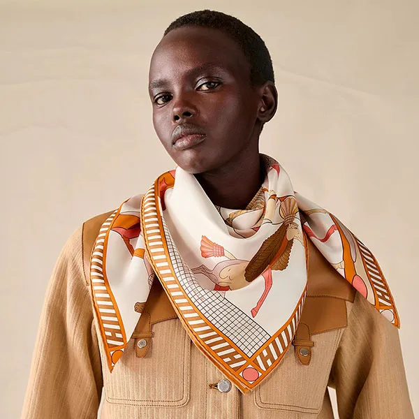 Khăn Nữ Hermès A Toute Allure Scarf 90 Blanc/ Orange Cuit/ Gris H004103S 06 Màu Cam