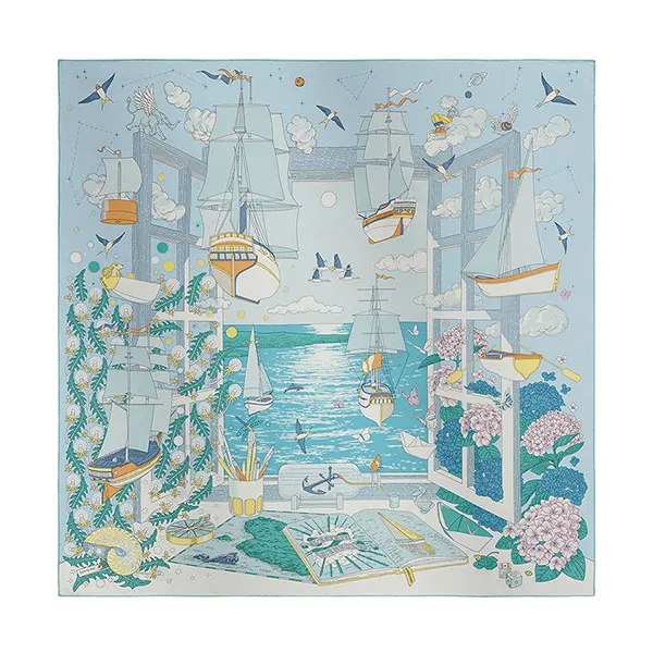 Khăn Nữ Hermès L'Esprit s'Envole Scarf 90 H004300S Màu Xanh