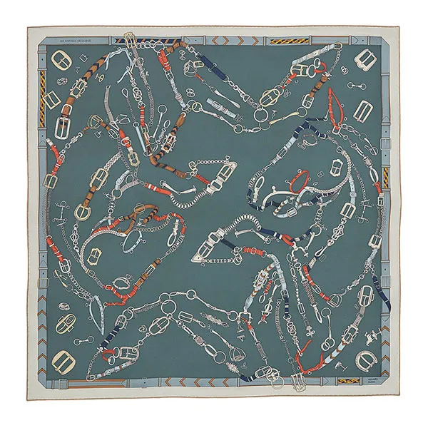 Khăn Hermès Les Chevaux Dechaines Scarf 90 Blanc/ Orange Cuit/ Gris H004096S 13 Màu Xanh Xám