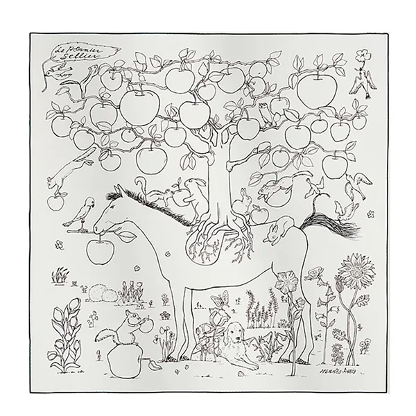 Khăn Lụa Nữ Hermès Le Pommier Sellier 90 Màu Trắng/Đen