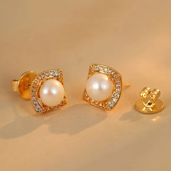 Khuyên Tai Nữ Jessica Pearl Square Pearl JE68 Màu Trắng Vàng