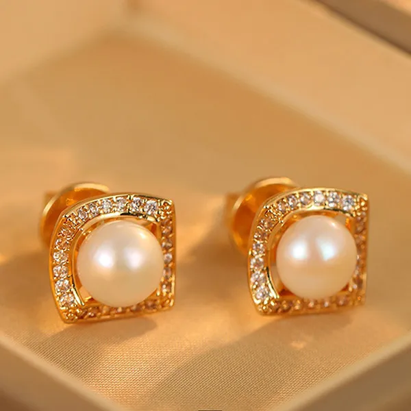 Khuyên Tai Nữ Jessica Pearl Square Pearl JE68 Màu Trắng Vàng