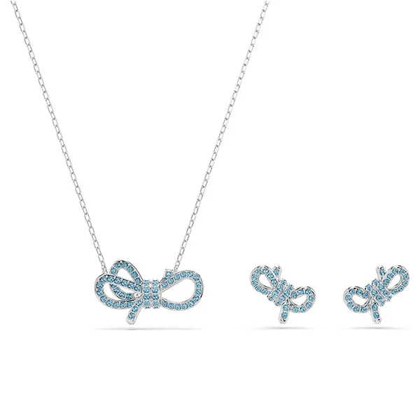 Set Dây Chuyền + Khuyên Tai Nữ Swarovski Lifelong Bow Set Bow, Blue, Rhodium Plated 5723554 Màu Xanh