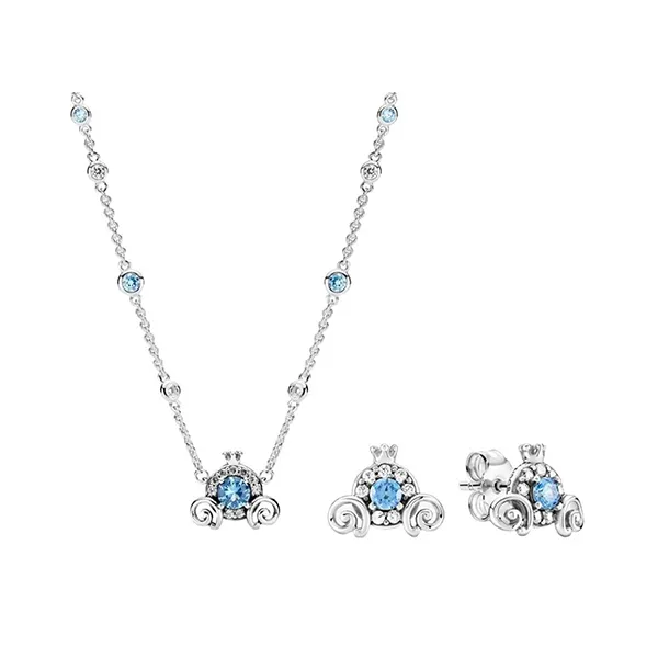Set Dây Chuyền Và Khuyên Tai Pandora Cinderella Pumpkin Coach Màu Bạc Xanh