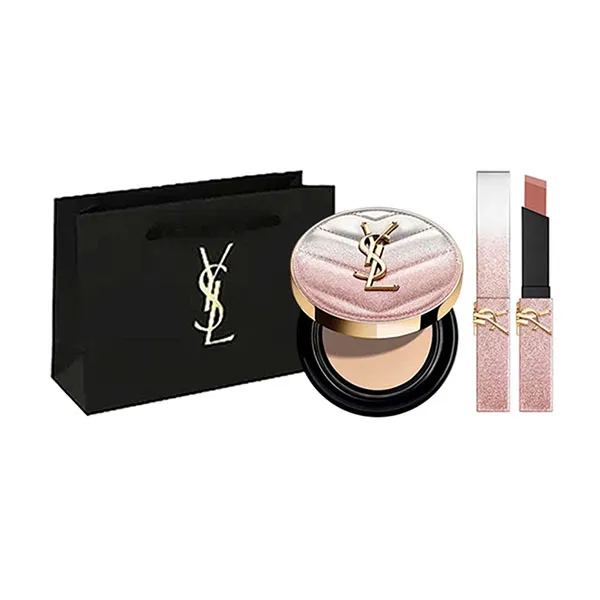 Set Phấn Nước Cushion Yves Saint Laurent YSL Limited Tone B10 + Son The Slim 1988 Nude Atelier Màu Hồng Nude + Túi Giấy