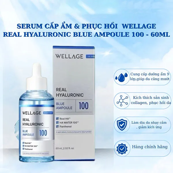 Tinh Chất Cấp Nước, Phục Hồi Da Căng Bóng Wellage Real Hyaluronic Blue Ampoule 60ml