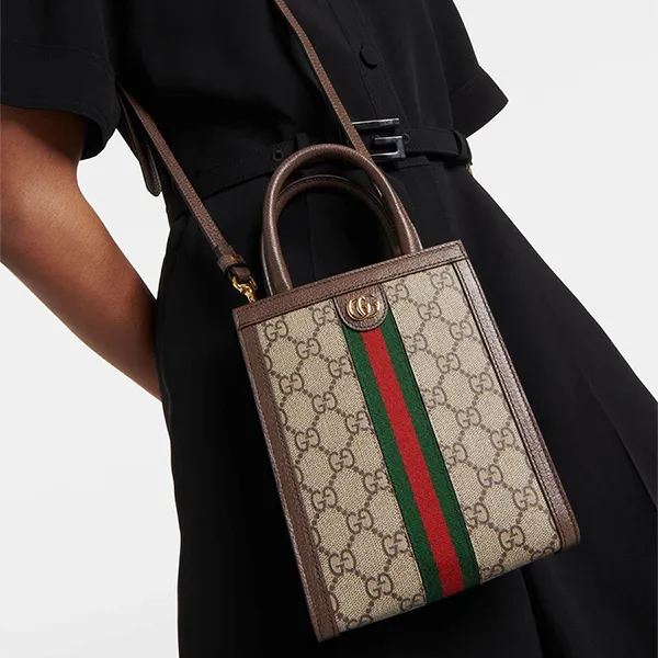Túi Tote Gucci Super Mini Ophidia GG Canvas Tote Bag Màu Nâu Xám