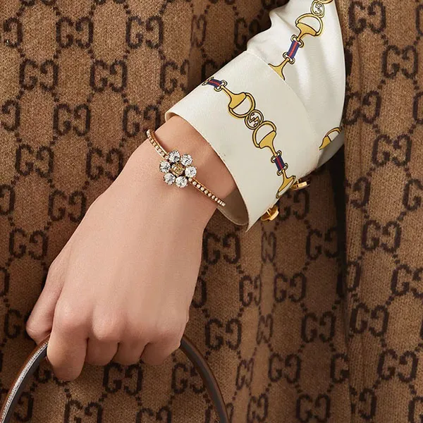 Vòng Đeo Tay Nữ Gucci GG Crystal Flower Bracelet Màu Vàng