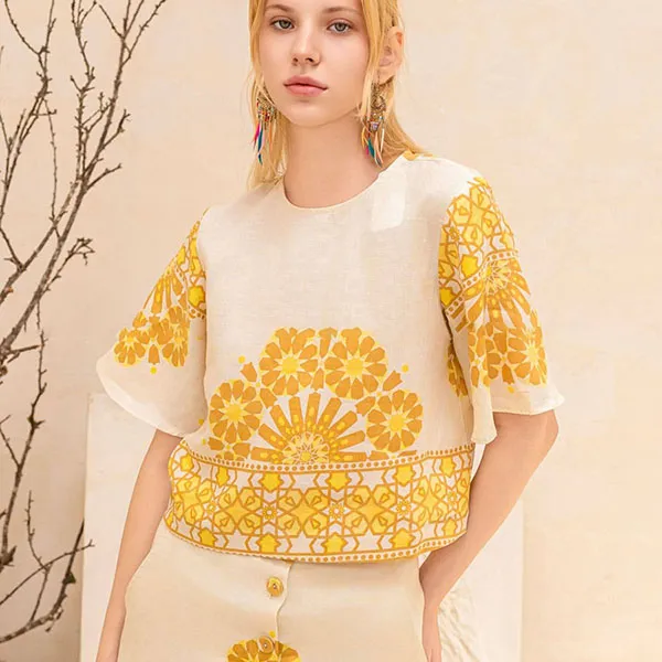 Áo Kiểu Nữ F2 Fashion & Freedom Linen AK636-VHT-S-0824 Màu Trắng Phối Vàng Size S
