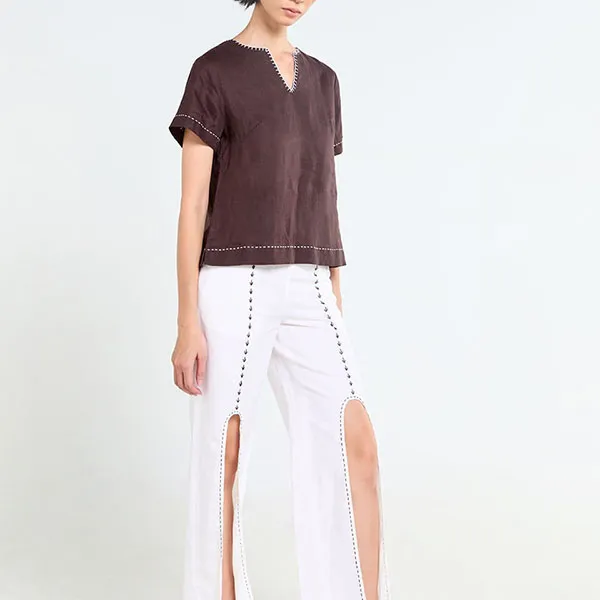 Áo Kiểu Nữ F2 Fashion & Freedom Linen Tender Drit AK638-ND-S-0225 Màu Nâu Đậm Size S