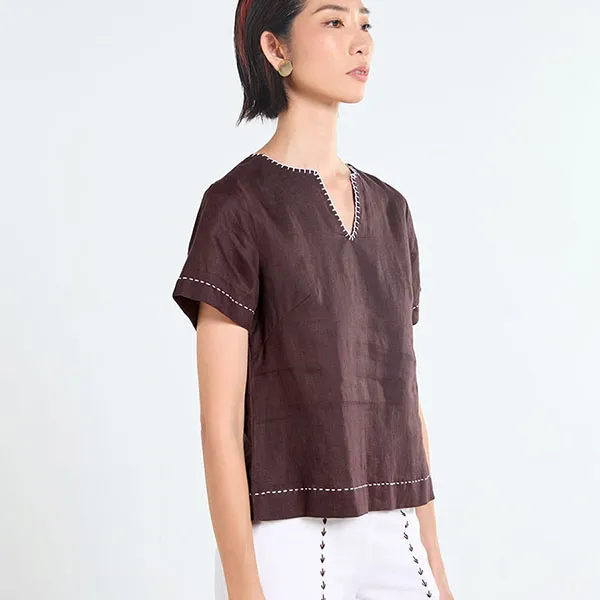 Áo Kiểu Nữ F2 Fashion & Freedom Linen Tender Drit AK638-ND-S-0225 Màu Nâu Đậm Size S