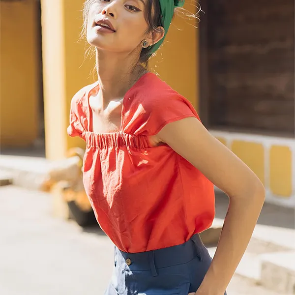 Áo Kiểu Nữ F2 Fashion & Freedom Modern Meets Heritage Red Linen Square Neck Blouse AK389-D-S-0620 Màu Đỏ Size S