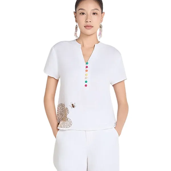 Áo Kiểu Nữ F2 Fashion & Freedom White Linen Blouse Embroidered With A Touch Of Effortless Elegance AK641-TRANG THEU-S-0325 Màu Trắng Size S