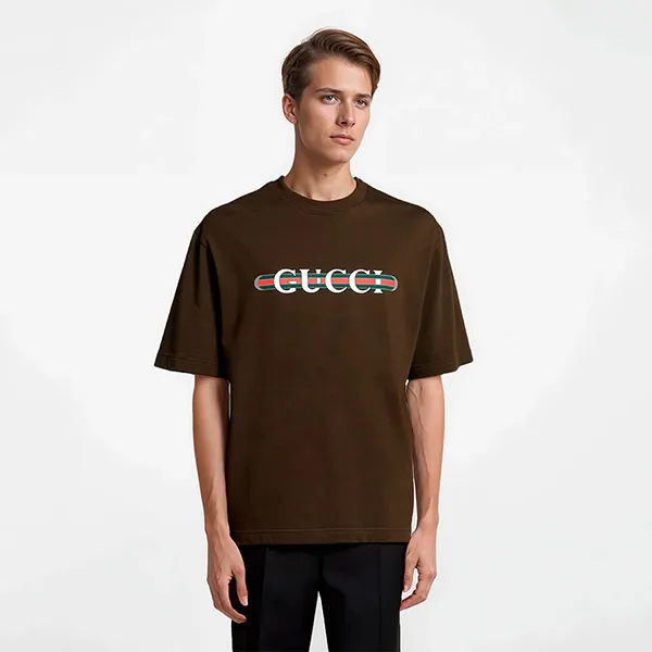 Áo Phông Nam Gucci Web T-Shirt 798115 XJHDG 2240 Màu Nâu Size XS