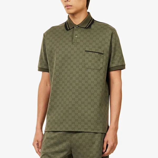 Áo Polo Nam Gucci Logo-Print Jacquard Woven Polo Top Màu Xanh Rêu Size XS