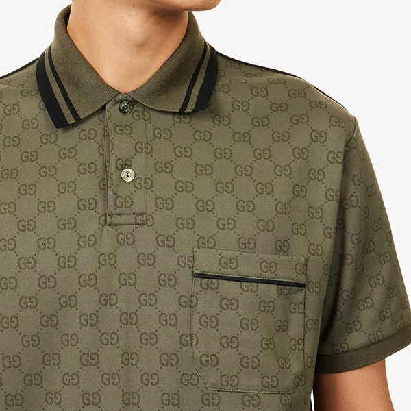 Áo Polo Nam Gucci Logo-Print Jacquard Woven Polo Top Màu Xanh Rêu Size XS