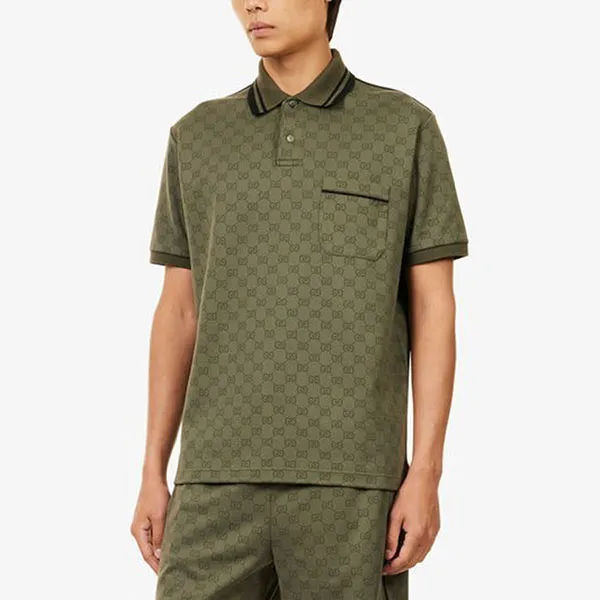 Áo Polo Nam Gucci Logo Print Jacquard Woven Top Màu Xanh Rêu Size XS