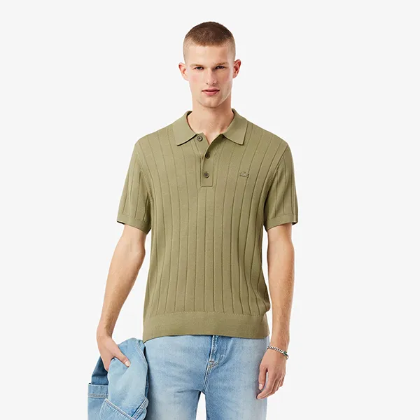 Áo Polo Nam Lacoste Men's Fluid Ribbed Knit Polo Collar Sweater AH5339 - E9F Màu Xanh Khaki Size 3
