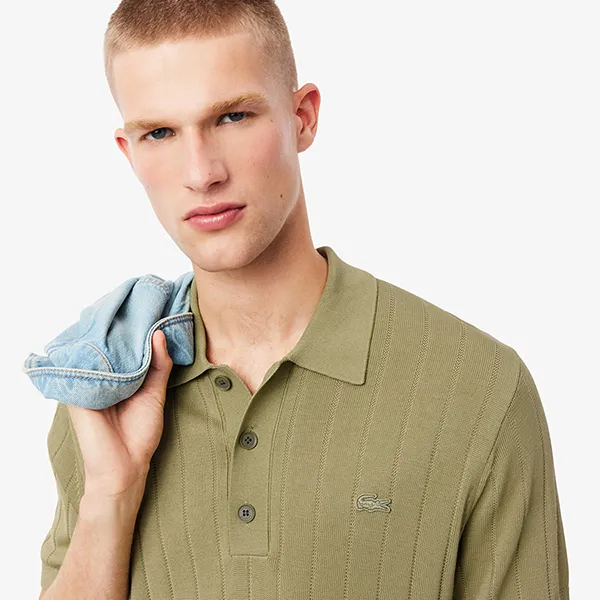 Áo Polo Nam Lacoste Men's Fluid Ribbed Knit Polo Collar Sweater AH5339 - E9F Màu Xanh Khaki Size 3