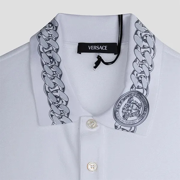 Áo Polo Nam Versace With Chain Pattern And Medusa Collar In White 1023085 Màu Trắng Size S