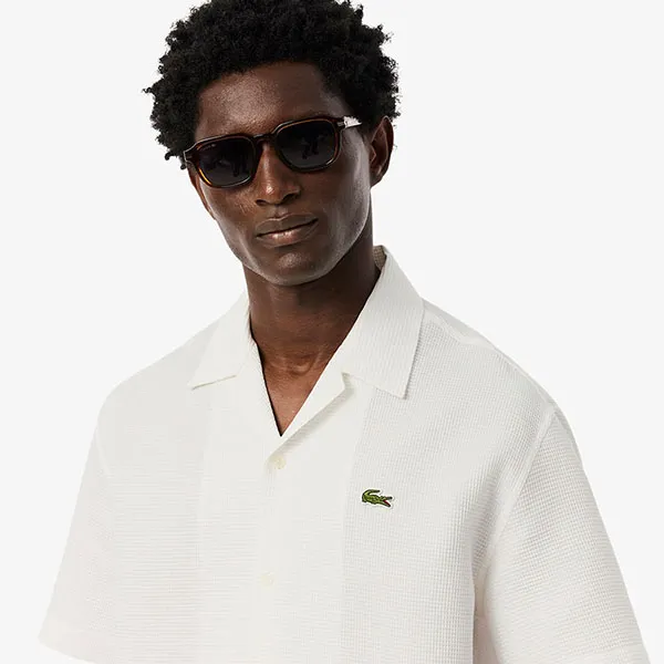 Áo Sơ Mi Cộc Tay Nam Lacoste Men's Relaxed Fit Waffle Texture Shirt CH9924 - 70V White Màu Trắng Size 40