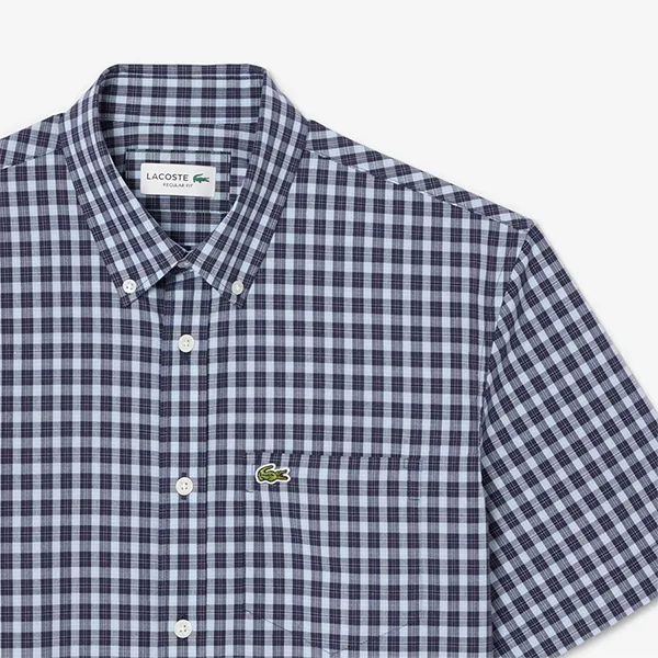 Áo Sơ Mi Cộc Tay Nam Lacoste Men's Short Sleeve Plaid Shirt With Button Closure CH0744 QRN Màu Xanh Navy Size 39