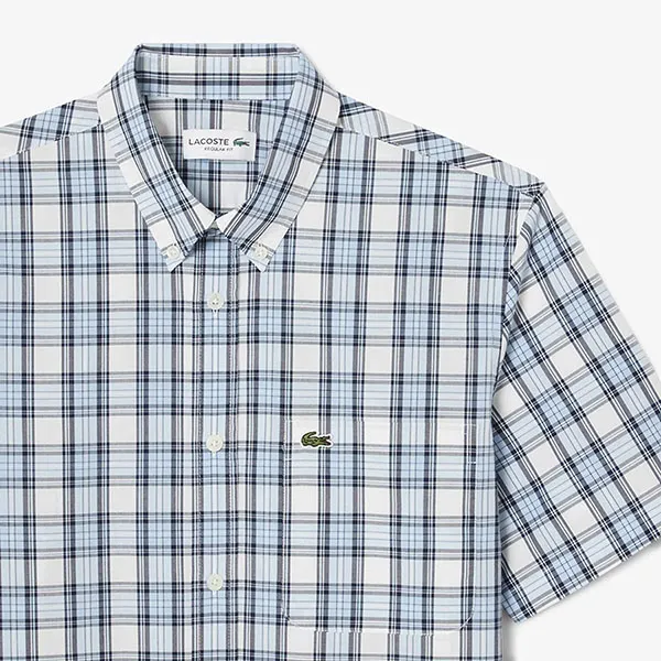 Áo Sơ Mi Cộc Tay Nam Lacoste Regular Fit Short Sleeved Shirt CH2509 BIR Màu Xanh Kẻ Trắng Size 40