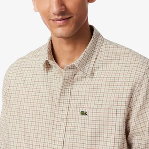 Áo Sơ Mi Dài Tay Nam Lacoste Men's Regular Fit Plaid Flannel Shirt CH5093 - 95I Màu Trắng/Nâu Size 37
