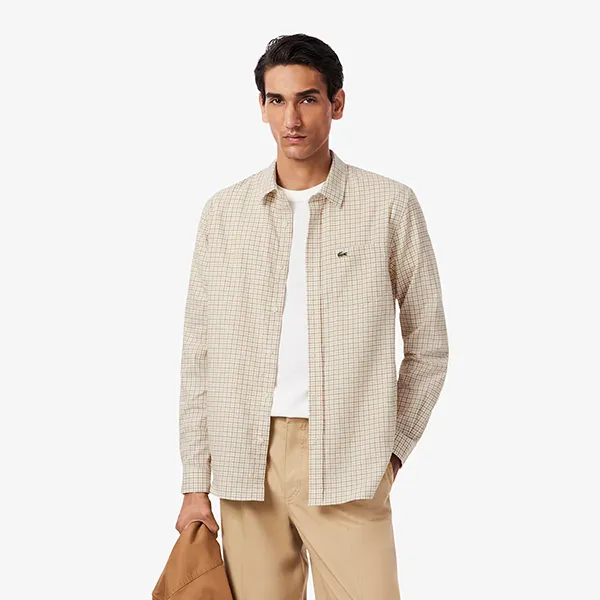 Áo Sơ Mi Dài Tay Nam Lacoste Men's Regular Fit Plaid Flannel Shirt CH5093 - 95I Màu Trắng/Nâu Size 37