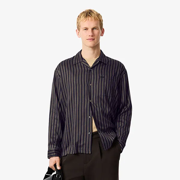 Áo Sơ Mi Dài Tay Nam Lacoste Men's Relaxed Fit Striped Lyocell Shirt CH5660 - 802 Màu Xanh Blue Size 37