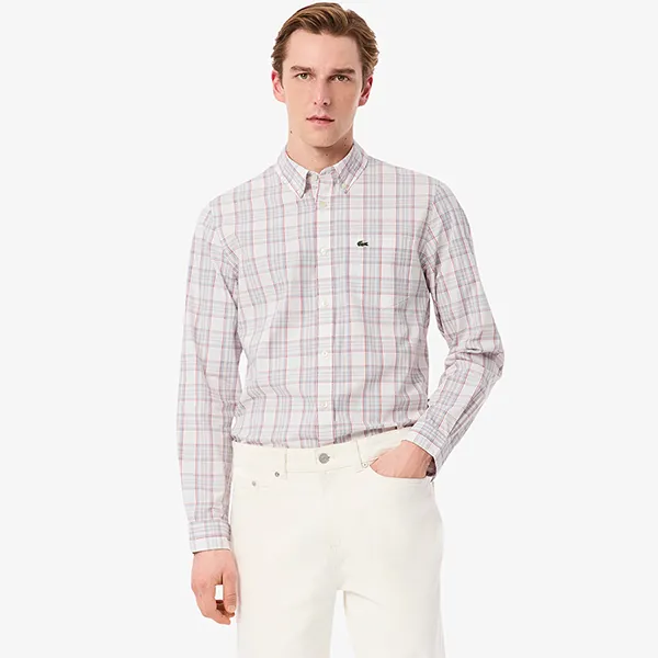 Áo Sơ Mi Dài Tay Nam Lacoste Men's Slim Fit Stretch Plaid Shirt CH3745 - CCI Màu Hồng Nhạt Size 38