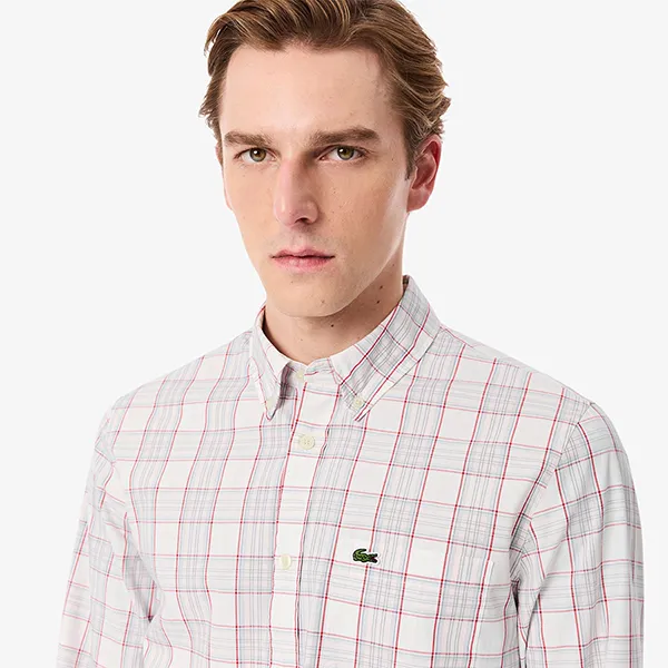 Áo Sơ Mi Dài Tay Nam Lacoste Men's Slim Fit Stretch Plaid Shirt CH3745 - CCI Màu Hồng Nhạt Size 38