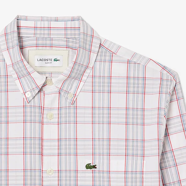 Áo Sơ Mi Dài Tay Nam Lacoste Men's Slim Fit Stretch Plaid Shirt CH3745 - CCI Màu Hồng Nhạt Size 38